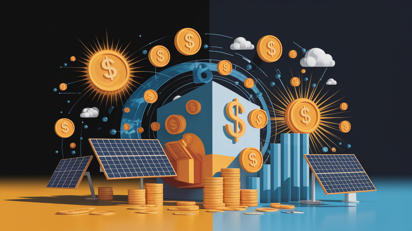 A conceptual illustration representing Solar Leases and PPAs: Rental Models. Visualize the main ideas: . Creative but clear representation of the concept. Style: Visual Theme: Clean, modern aesthetic with high contrast and vibrant energy. Emphasize the intersect. high quality, detailed, professional, clean composition, good lighting, sharp focus, well-composed. high quality, professional, detailed, well-composed