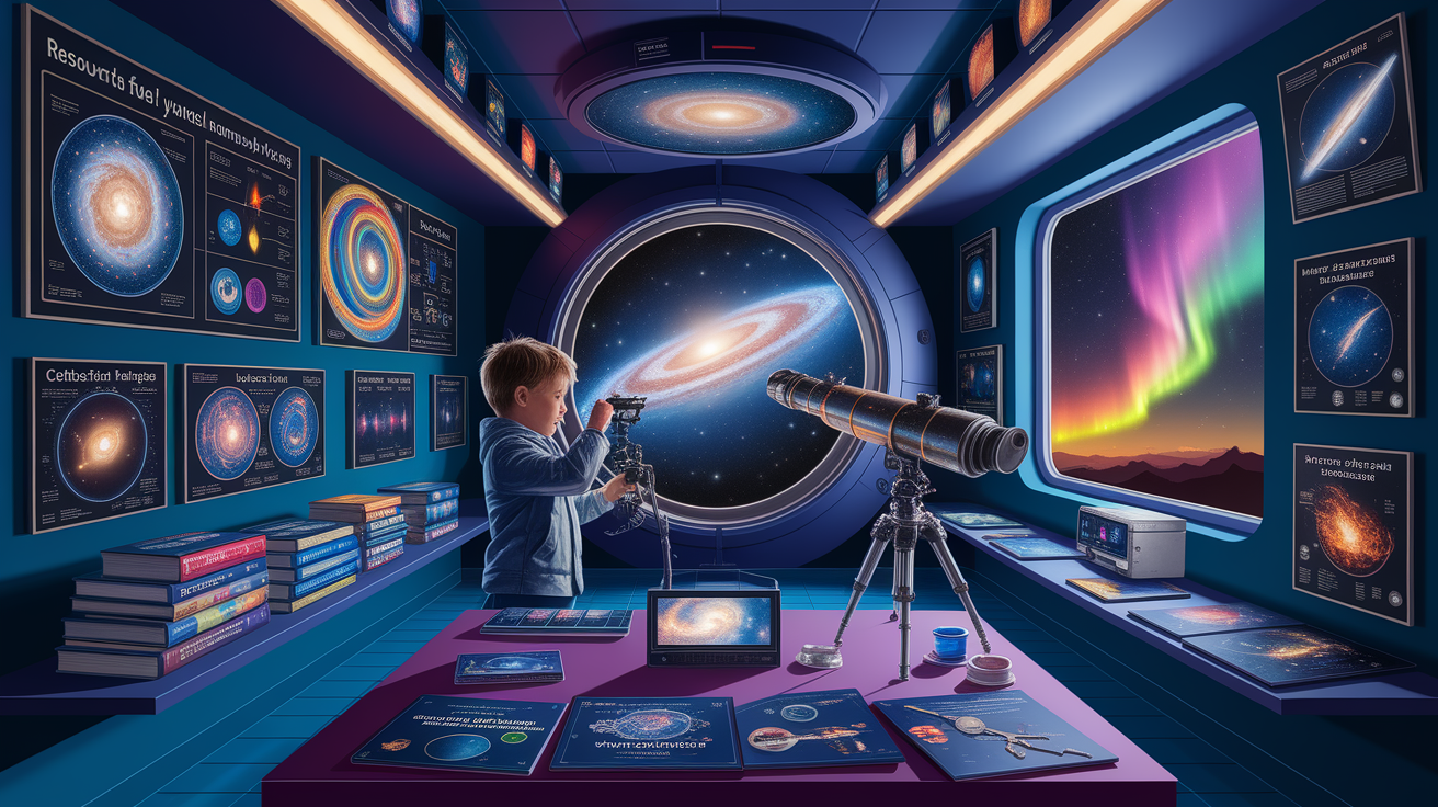 A conceptual illustration representing Resources to Fuel Young Astronomers’ Passion. Visualize the main ideas: . Creative but clear representation of the concept. Style: photorealistic. high quality, detailed, professional, clean composition, good lighting, sharp focus, well-composed. high quality, professional, detailed, well-composed