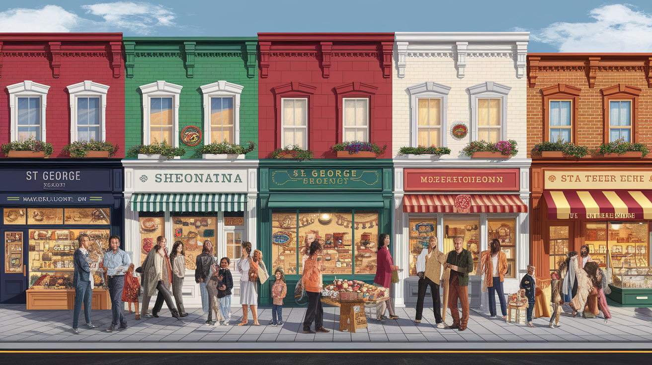 A conceptual illustration representing Opening the Spotlight on St. George’s Immigrant Businesses. Visualize the main ideas: . Creative but clear representation of the concept. Style: photorealistic. high quality, detailed, professional, clean composition, good lighting, sharp focus, well-composed. high quality, professional, detailed, well-composed