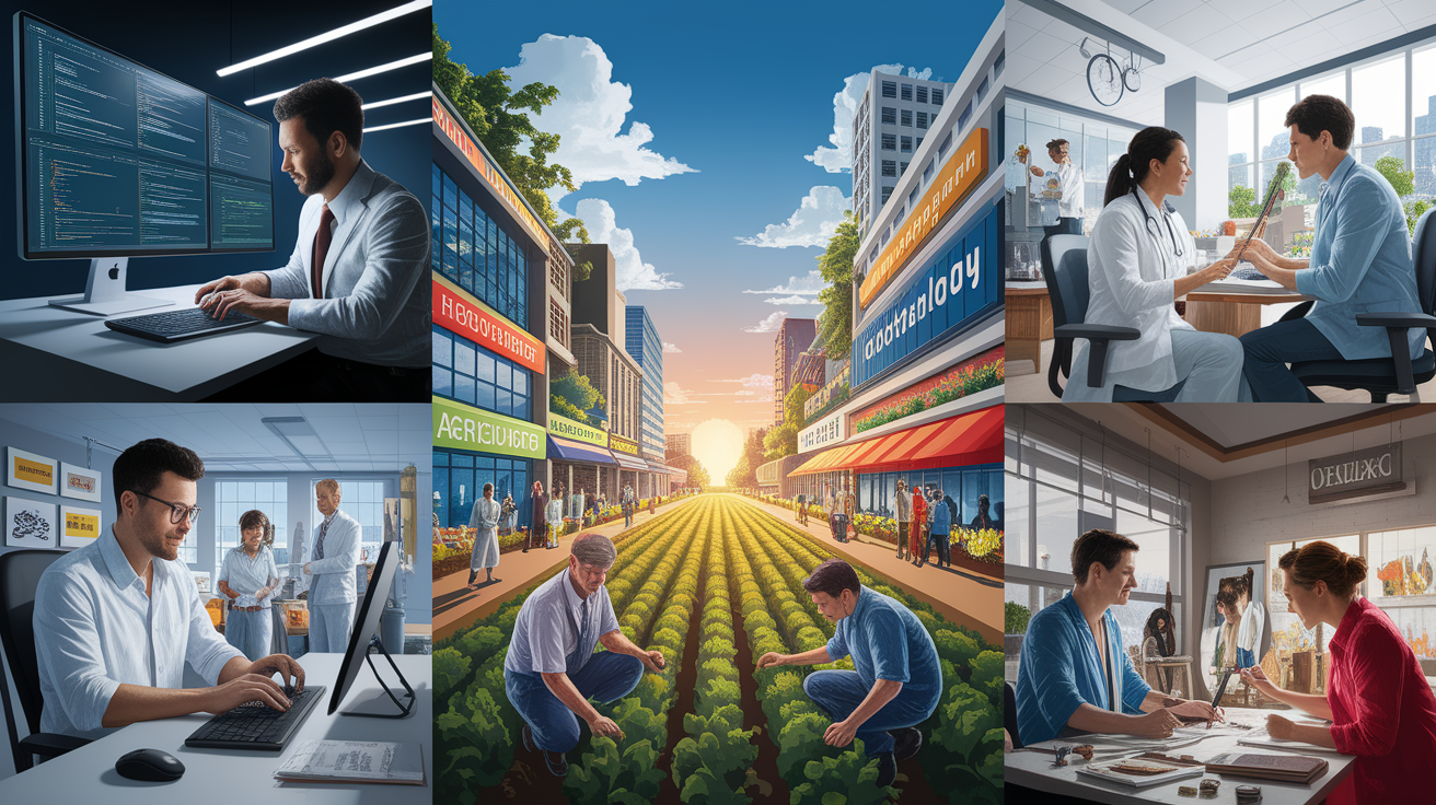 A conceptual illustration representing Key Sectors Where Immigrants Thrive. Visualize the main ideas: . Creative but clear representation of the concept. Style: photorealistic. high quality, detailed, professional, clean composition, good lighting, sharp focus, well-composed. high quality, professional, detailed, well-composed