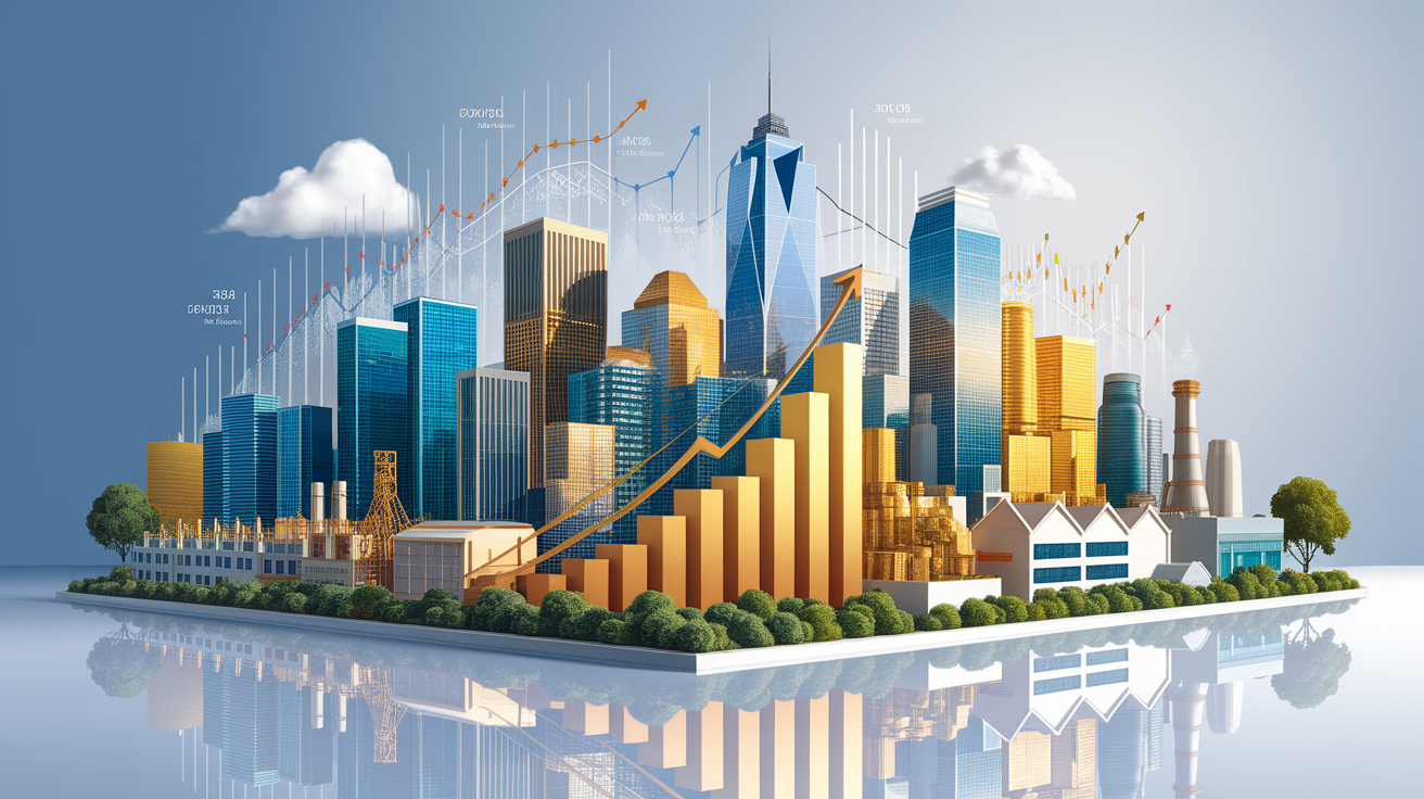 A conceptual illustration representing Economic Contributions and Growth Trends. Visualize the main ideas: . Creative but clear representation of the concept. Style: photorealistic. high quality, detailed, professional, clean composition, good lighting, sharp focus, well-composed. high quality, professional, detailed, well-composed