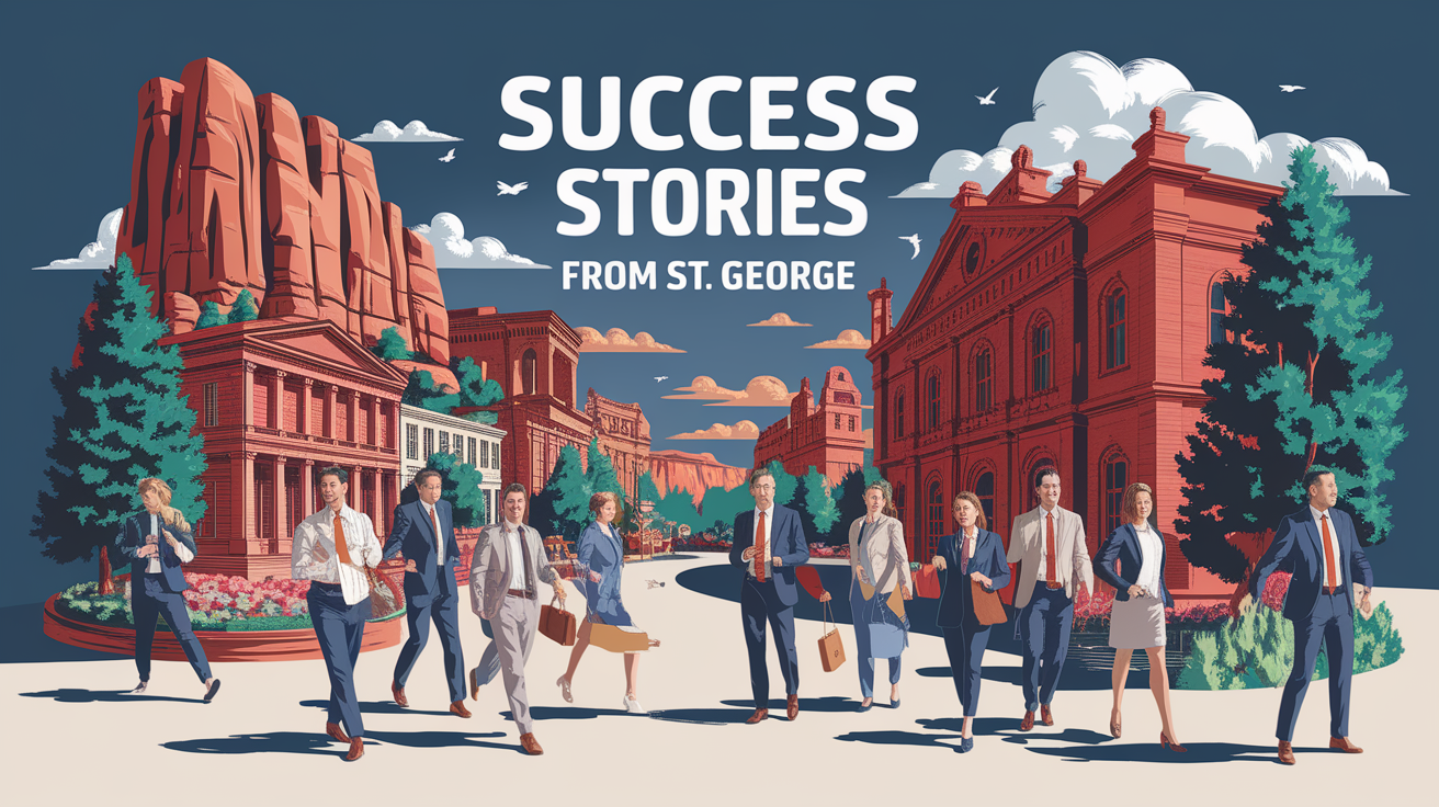 A conceptual illustration representing Success Stories from St. George. Visualize the main ideas: . Creative but clear representation of the concept. Style: photorealistic. high quality, detailed, professional, clean composition, good lighting, sharp focus, well-composed. high quality, professional, detailed, well-composed
