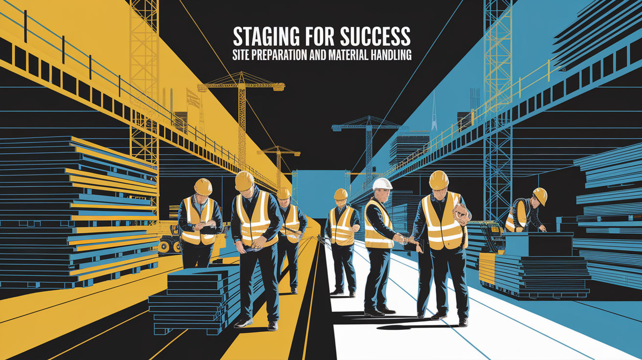 A conceptual illustration representing Staging for Success: Site Preparation and Material Handling. Visualize the main ideas: . Creative but clear representation of the concept. Style: Visual Theme: Clean, modern aesthetic with high contrast and vibrant energy. Emphasize the intersect. high quality, detailed, professional, clean composition, good lighting, sharp focus, well-composed. high quality, professional, detailed, well-composed
