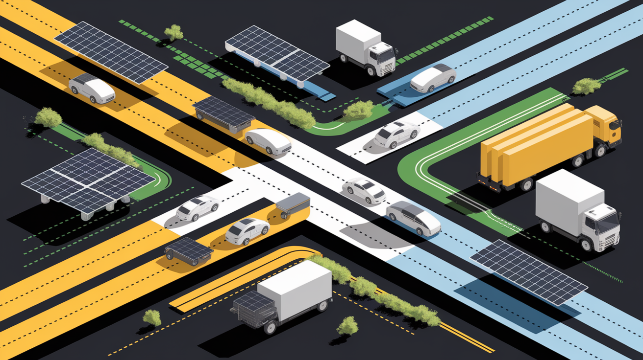 A conceptual illustration representing Smooth Transit: Transportation Strategies for Solar Components. Visualize the main ideas: . Creative but clear representation of the concept. Style: Visual Theme: Clean, modern aesthetic with high contrast and vibrant energy. Emphasize the intersect. high quality, detailed, professional, clean composition, good lighting, sharp focus, well-composed. high quality, professional, detailed, well-composed