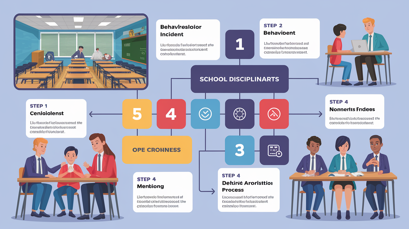 A clear, step-by-step visual illustration showing Understanding school-discipline-student-due-process-rights. Focus on . Include visual elements like arrows, numbered steps, or sequential flow. Professional and instructional style. Style: photorealistic. high quality, detailed, professional, clean composition, good lighting, sharp focus, well-composed. high quality, professional, detailed, well-composed