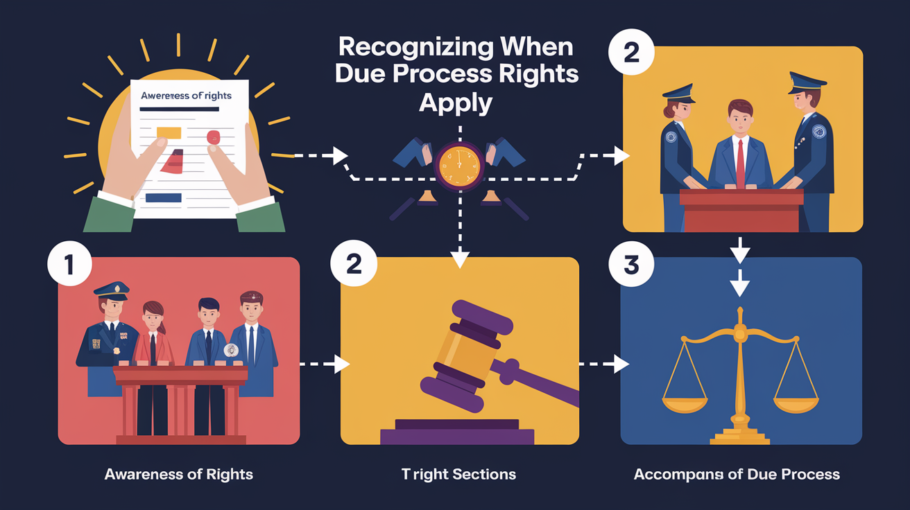 A clear, step-by-step visual illustration showing Recognizing When Due Process Rights Apply. Focus on . Include visual elements like arrows, numbered steps, or sequential flow. Professional and instructional style. Style: photorealistic. high quality, detailed, professional, clean composition, good lighting, sharp focus, well-composed. high quality, professional, detailed, well-composed