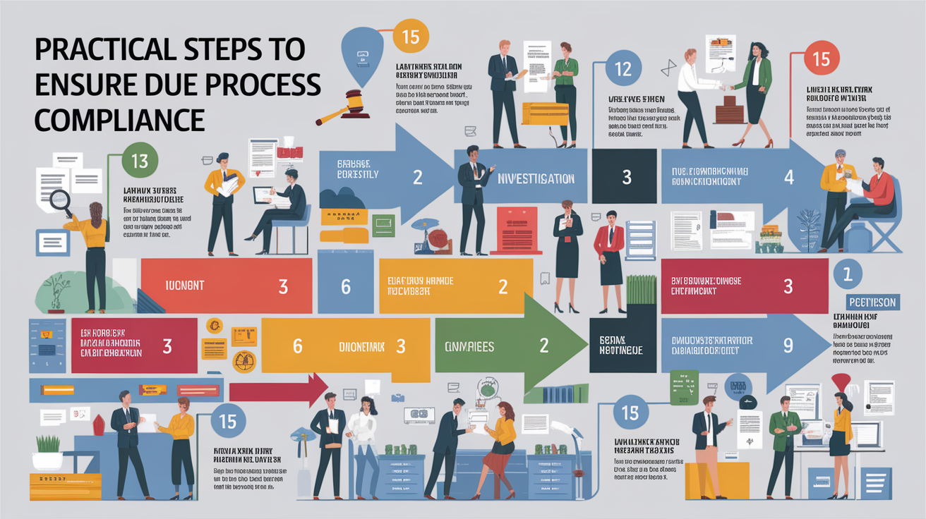 A clear, step-by-step visual illustration showing Practical Steps to Ensure Due Process Compliance. Focus on . Include visual elements like arrows, numbered steps, or sequential flow. Professional and instructional style. Style: photorealistic. high quality, detailed, professional, clean composition, good lighting, sharp focus, well-composed. high quality, professional, detailed, well-composed