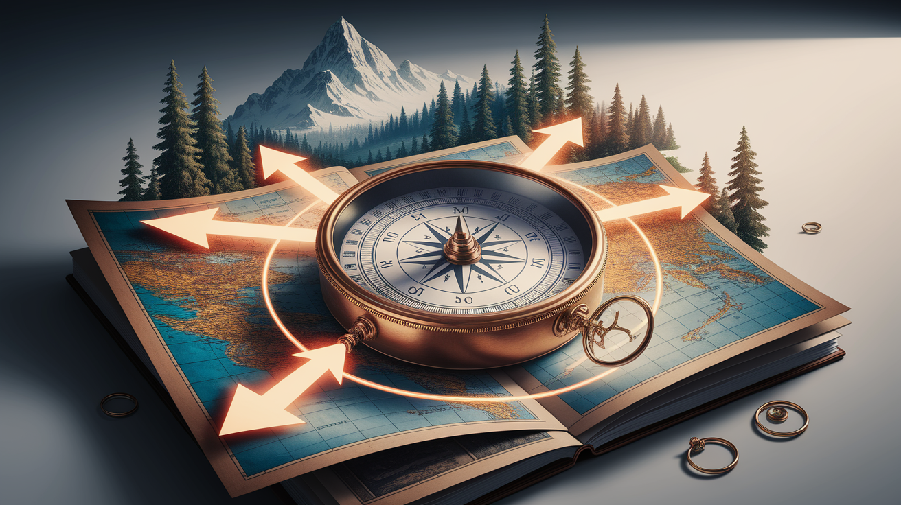 A conceptual illustration representing Pointing to the Truth: How a Compass Immediately Shows You Direction. Visualize the main ideas: . Creative but clear representation of the concept. Style: photorealistic. high quality, detailed, professional, clean composition, good lighting, sharp focus, well-composed. high quality, professional, detailed, well-composed