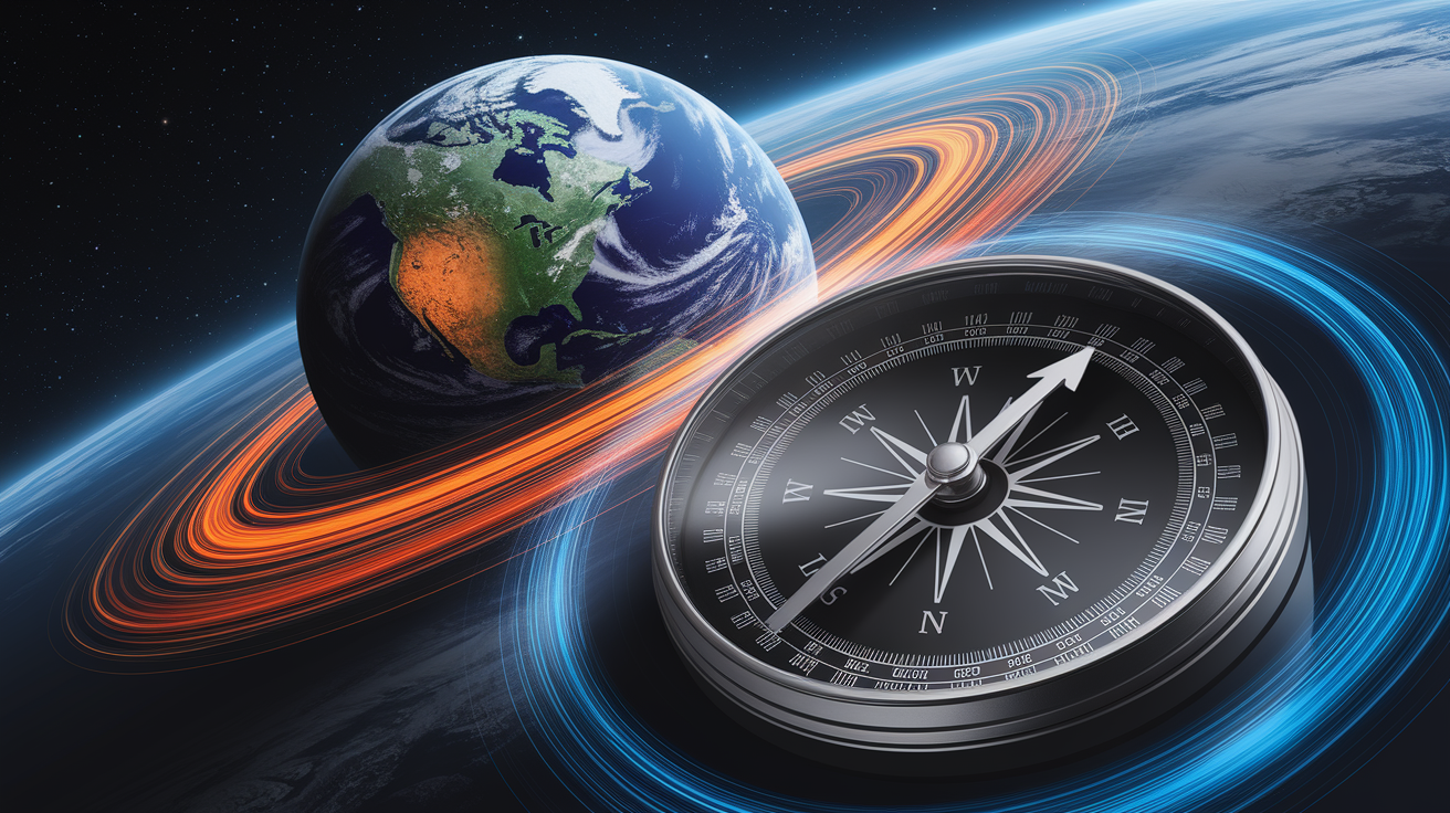 A conceptual illustration representing Earth’s Magnetic Field: What Guides the Needle. Visualize the main ideas: . Creative but clear representation of the concept. Style: photorealistic. high quality, detailed, professional, clean composition, good lighting, sharp focus, well-composed. high quality, professional, detailed, well-composed