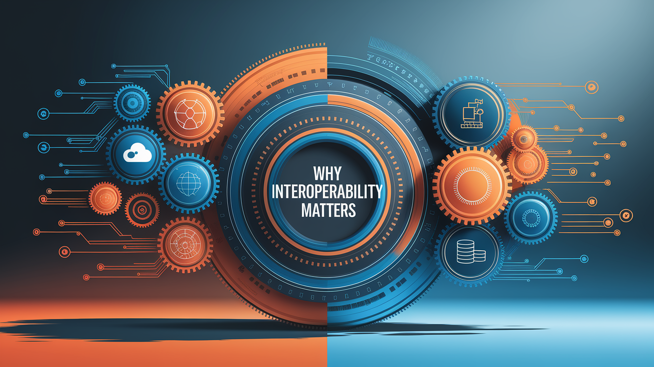 A conceptual illustration representing Why Interoperability Matters. Visualize the main ideas: . Creative but clear representation of the concept. Style: Visual Theme: Clean, modern aesthetic with high contrast and vibrant energy. Emphasize the intersect. high quality, detailed, professional, clean composition, good lighting, sharp focus, well-composed. high quality, professional, detailed, well-composed