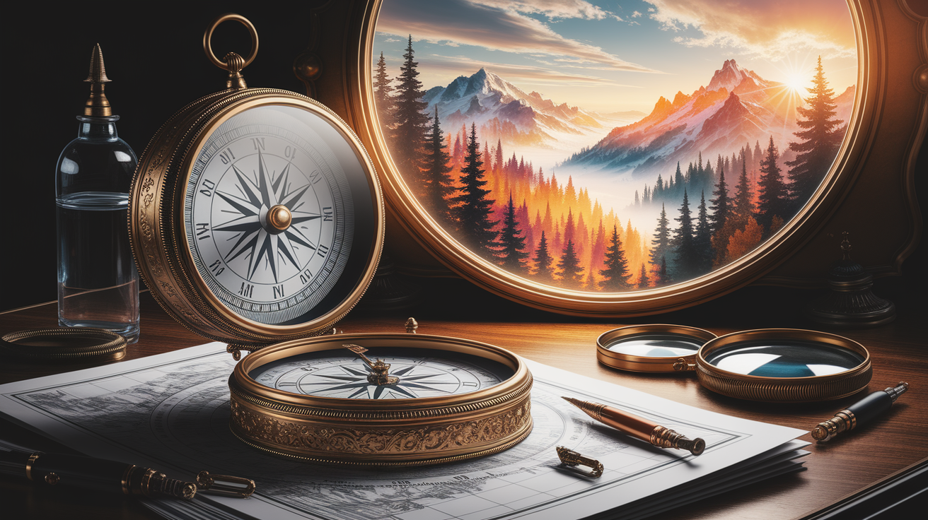 A conceptual illustration representing Reading Your Compass: Turning Needle Alignment into Direction. Visualize the main ideas: . Creative but clear representation of the concept. Style: photorealistic. high quality, detailed, professional, clean composition, good lighting, sharp focus, well-composed. high quality, professional, detailed, well-composed