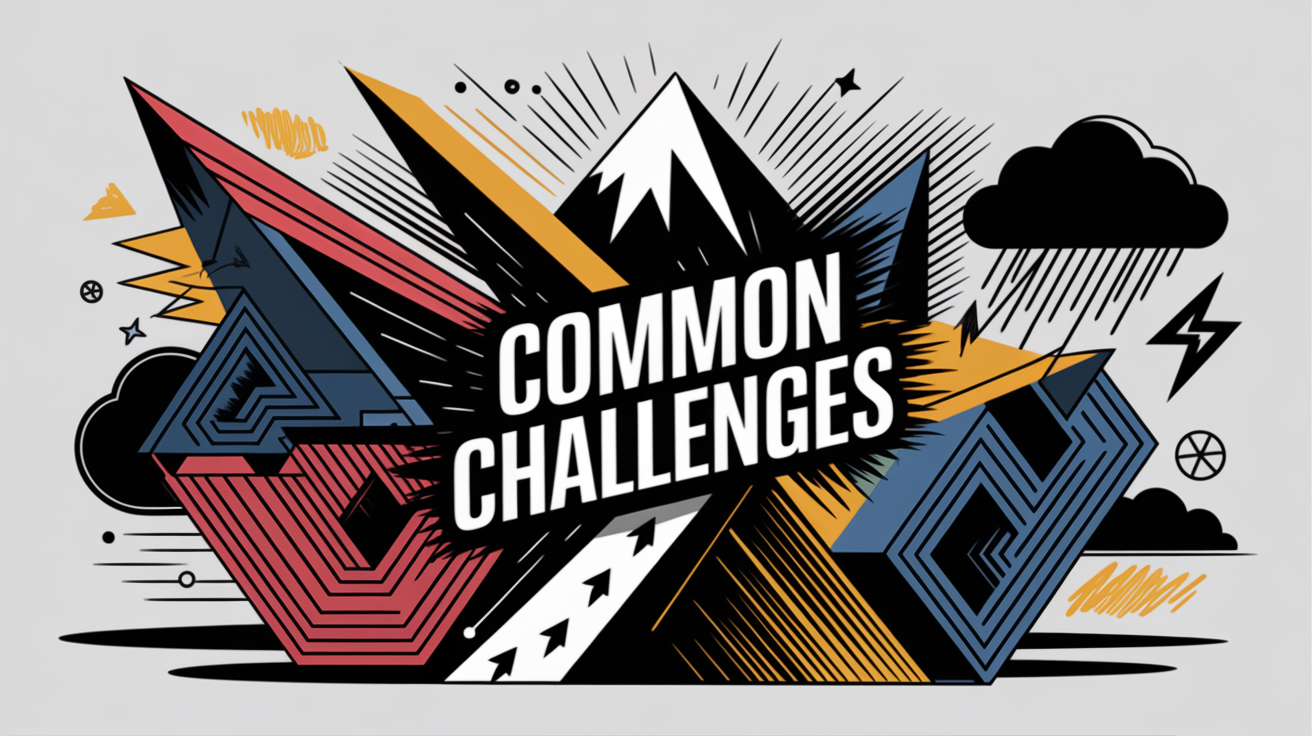 A conceptual illustration representing Common Challenges. Visualize the main ideas: . Creative but clear representation of the concept. Style: Visual Theme: Clean, modern aesthetic with high contrast and vibrant energy. Emphasize the intersect. high quality, detailed, professional, clean composition, good lighting, sharp focus, well-composed. high quality, professional, detailed, well-composed