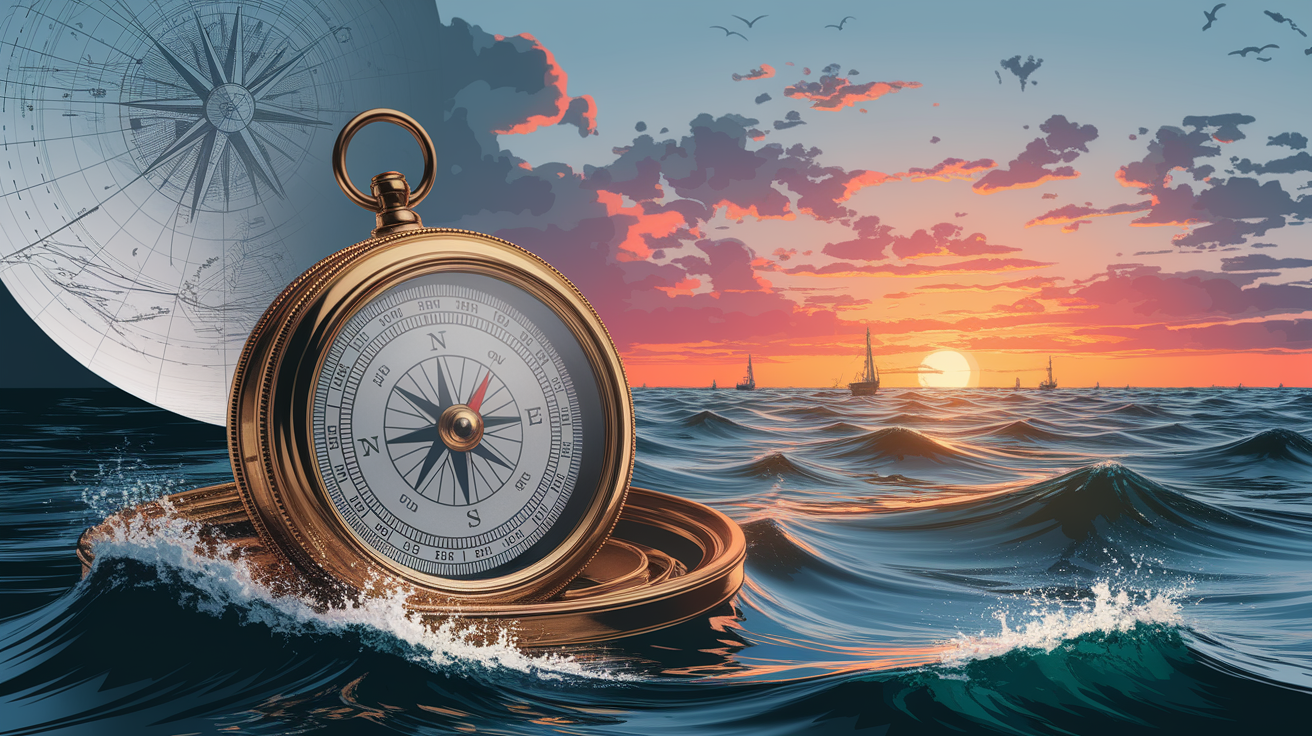A conceptual illustration representing Staying on Course: The Everlasting Value of the Compass. Visualize the main ideas: . Creative but clear representation of the concept. Style: photorealistic. high quality, detailed, professional, clean composition, good lighting, sharp focus, well-composed. high quality, professional, detailed, well-composed