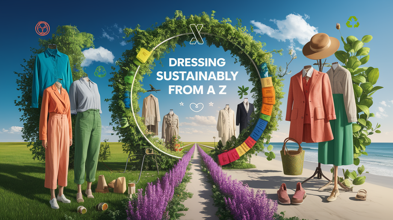 A conceptual illustration representing Dressing Sustainably from A to Z. Visualize the main ideas: . Creative but clear representation of the concept. Style: photorealistic. high quality, detailed, professional, clean composition, good lighting, sharp focus, well-composed. high quality, professional, detailed, well-composed