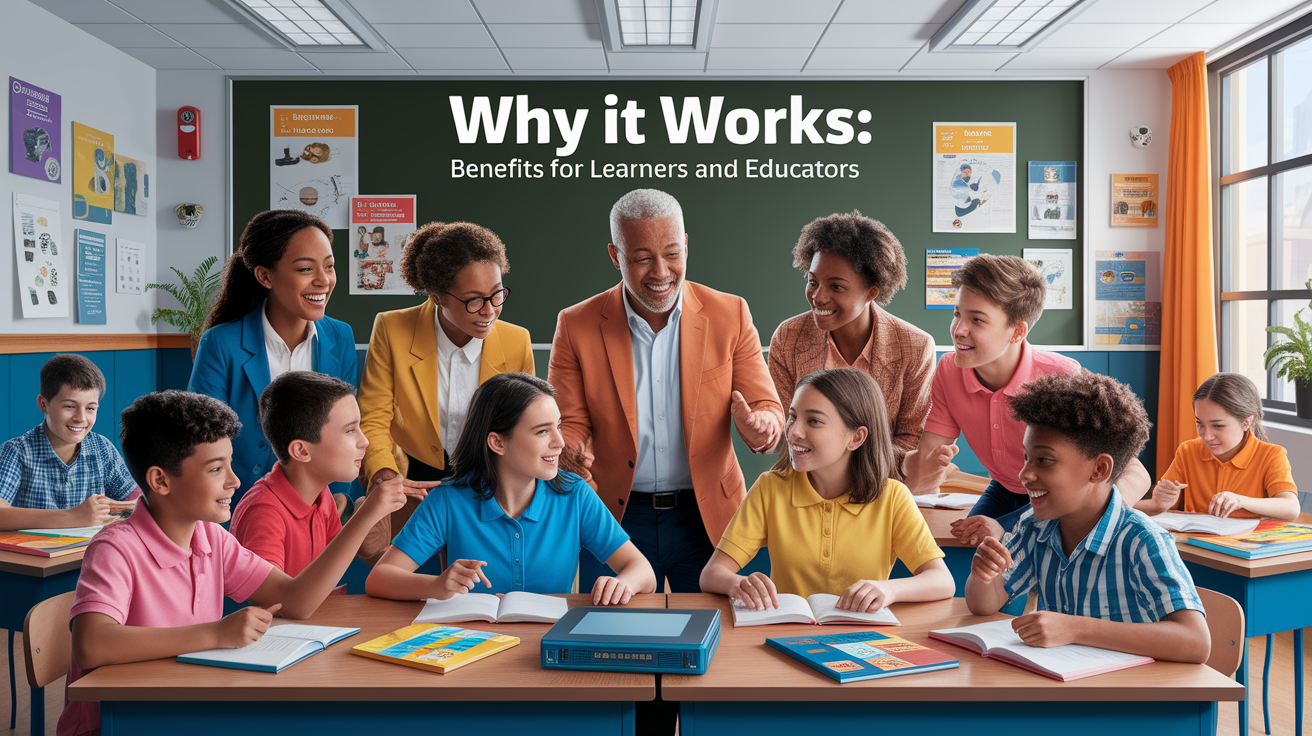 A conceptual illustration representing Why It Works: Benefits for Learners and Educators. Visualize the main ideas: . Creative but clear representation of the concept. Style: photorealistic. high quality, detailed, professional, clean composition, good lighting, sharp focus, well-composed. high quality, professional, detailed, well-composed