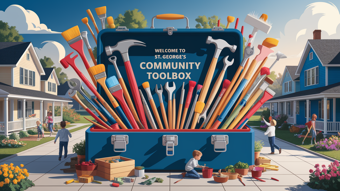 A conceptual illustration representing Welcome to St. George&acirc;€™s Community Toolbox. Visualize the main ideas: . Creative but clear representation of the concept. Style: photorealistic. high quality, detailed, professional, clean composition, good lighting, sharp focus, well-composed. high quality, professional, detailed, well-composed