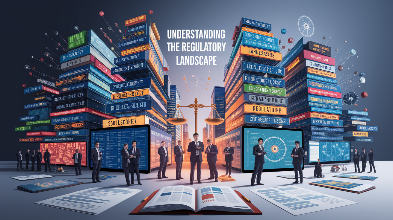 A conceptual illustration representing Understanding the Regulatory Landscape. Visualize the main ideas: . Creative but clear representation of the concept. Style: photorealistic. high quality, detailed, professional, clean composition, good lighting, sharp focus, well-composed. high quality, professional, detailed, well-composed