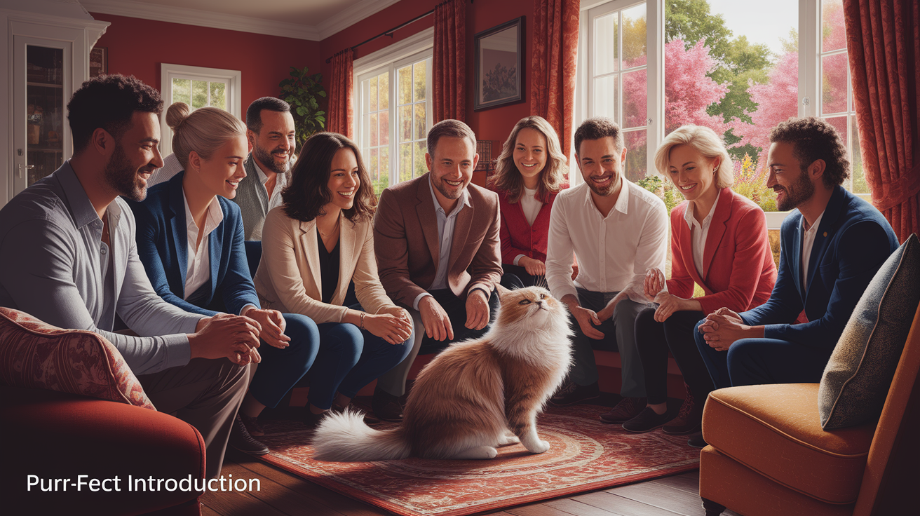 A conceptual illustration representing Purr-fect Introduction. Visualize the main ideas: . Creative but clear representation of the concept. Style: photorealistic. high quality, detailed, professional, clean composition, good lighting, sharp focus, well-composed. high quality, professional, detailed, well-composed