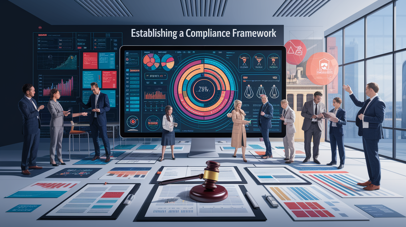 A conceptual illustration representing Establishing a Compliance Framework. Visualize the main ideas: . Creative but clear representation of the concept. Style: photorealistic. high quality, detailed, professional, clean composition, good lighting, sharp focus, well-composed. high quality, professional, detailed, well-composed