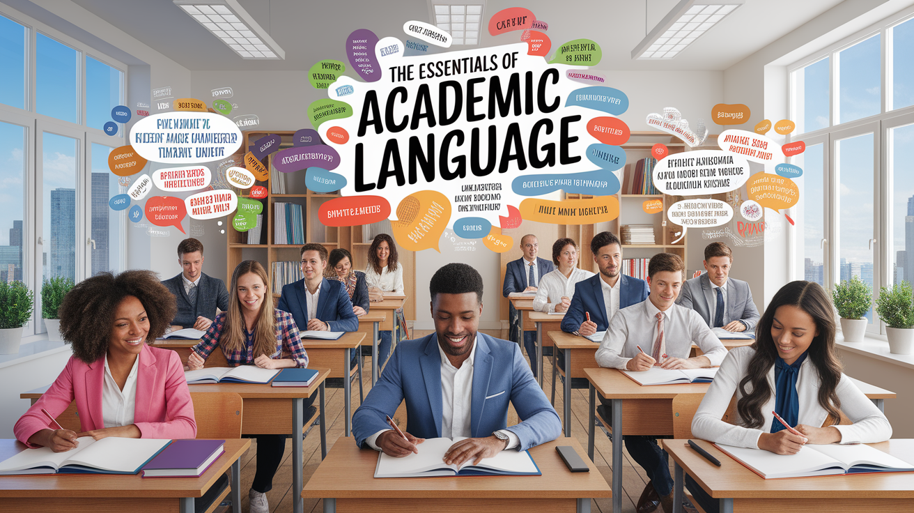 A conceptual illustration representing The Essentials of Academic Language. Visualize the main ideas: . Creative but clear representation of the concept. Style: photorealistic. high quality, detailed, professional, clean composition, good lighting, sharp focus, well-composed. high quality, professional, detailed, well-composed