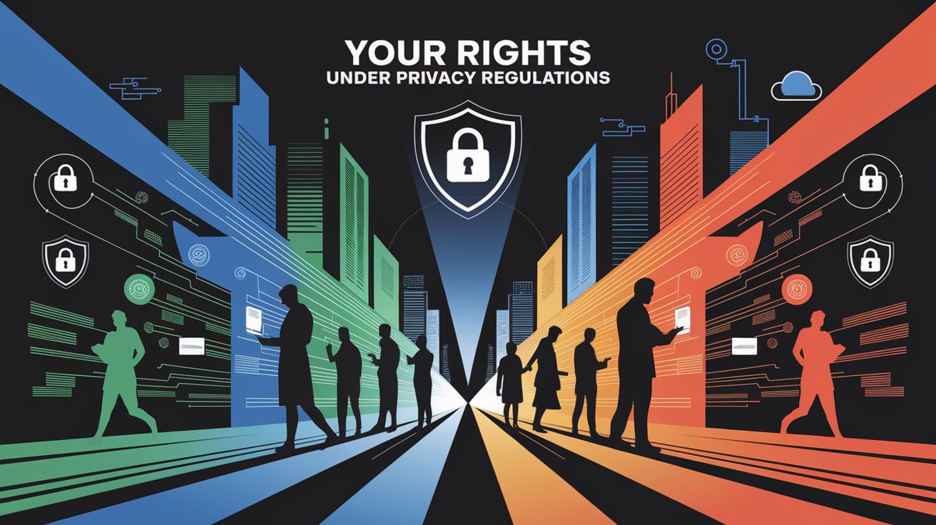 A conceptual illustration representing Your Rights Under Privacy Regulations. Visualize the main ideas: . Creative but clear representation of the concept. Style: Visual Theme: Clean, modern aesthetic with high contrast and vibrant energy. Emphasize the intersect. high quality, detailed, professional, clean composition, good lighting, sharp focus, well-composed. high quality, professional, detailed, well-composed
