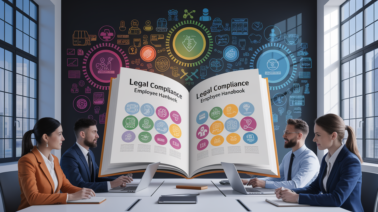 A conceptual illustration representing Importance of a Legal Compliance Employee Handbook. Visualize the main ideas: . Creative but clear representation of the concept. Style: photorealistic. high quality, detailed, professional, clean composition, good lighting, sharp focus, well-composed. high quality, professional, detailed, well-composed