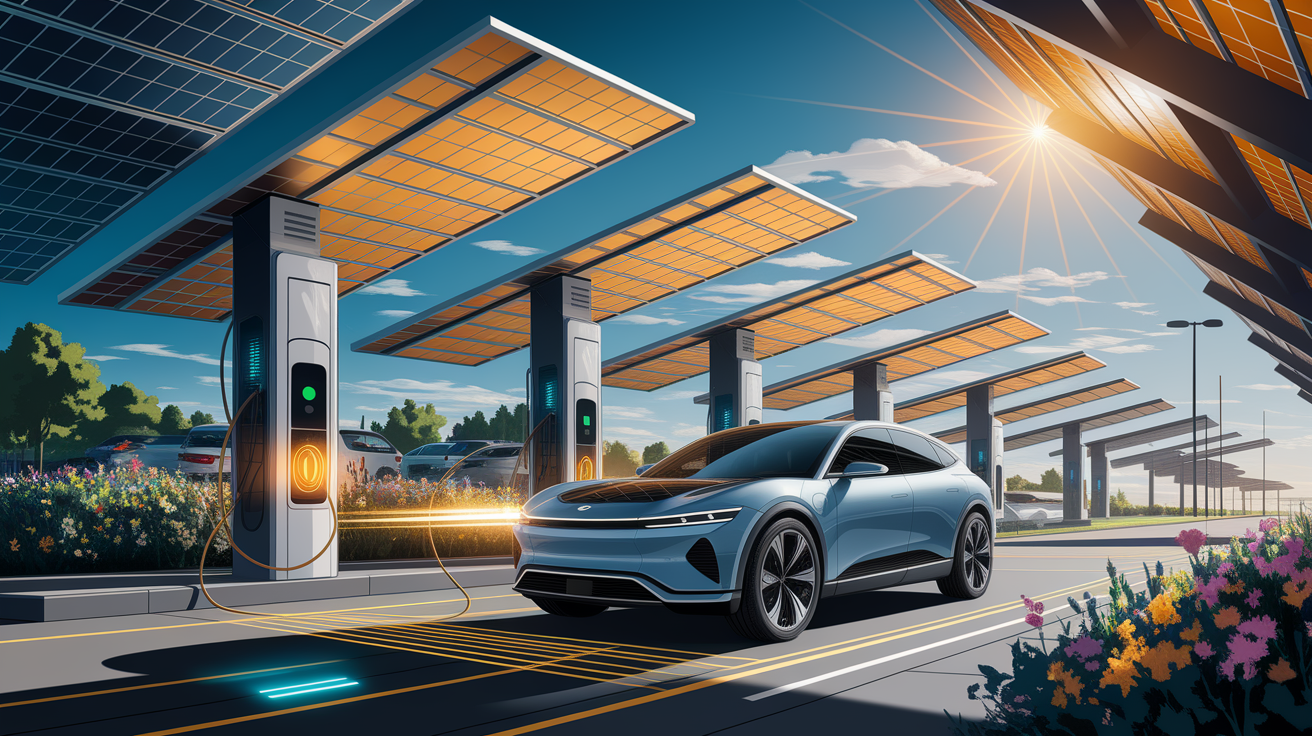 A conceptual illustration representing Introduction - Sun-Powered Charge-Up. Visualize the main ideas: . Creative but clear representation of the concept. Style: Visual Theme: Clean, modern aesthetic with high contrast and vibrant energy. Emphasize the intersect. high quality, detailed, professional, clean composition, good lighting, sharp focus, well-composed. high quality, professional, detailed, well-composed