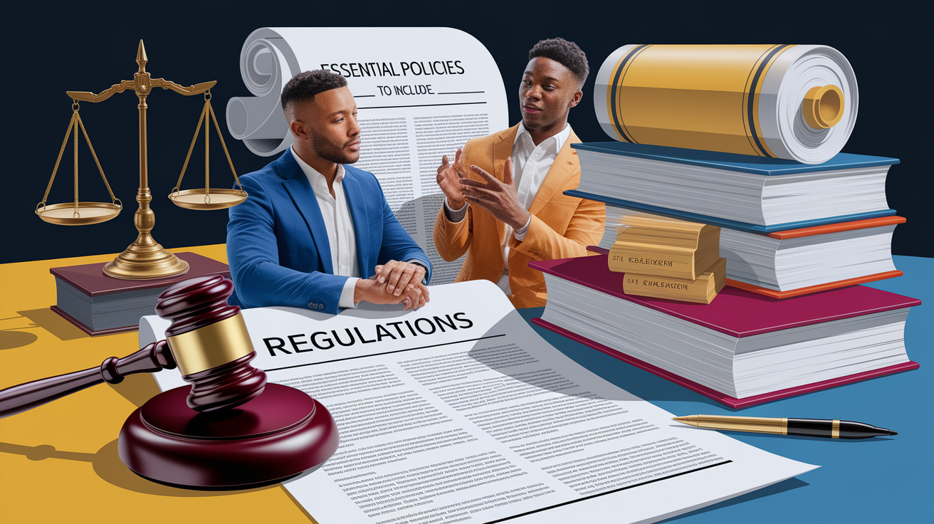 A conceptual illustration representing Essential Legal Policies to Include. Visualize the main ideas: . Creative but clear representation of the concept. Style: photorealistic. high quality, detailed, professional, clean composition, good lighting, sharp focus, well-composed. high quality, professional, detailed, well-composed