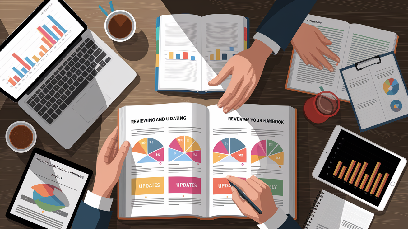 A conceptual illustration representing Reviewing and Updating Your Handbook Regularly. Visualize the main ideas: . Creative but clear representation of the concept. Style: photorealistic. high quality, detailed, professional, clean composition, good lighting, sharp focus, well-composed. high quality, professional, detailed, well-composed