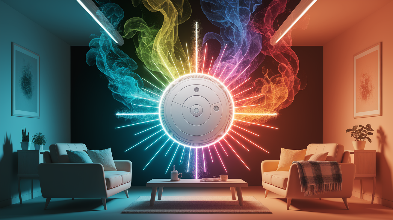 A conceptual illustration representing Spark of Safety: How Smoke Detectors Sense Danger. Visualize the main ideas: . Creative but clear representation of the concept. Style: photorealistic. high quality, detailed, professional, clean composition, good lighting, sharp focus, well-composed. high quality, professional, detailed, well-composed