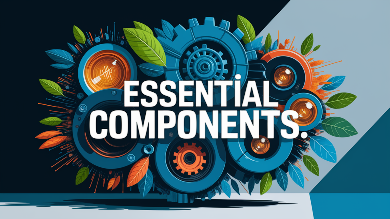 A conceptual illustration representing Essential Components. Visualize the main ideas: . Creative but clear representation of the concept. Style: Visual Theme: Clean, modern aesthetic with high contrast and vibrant energy. Emphasize the intersect. high quality, detailed, professional, clean composition, good lighting, sharp focus, well-composed. high quality, professional, detailed, well-composed