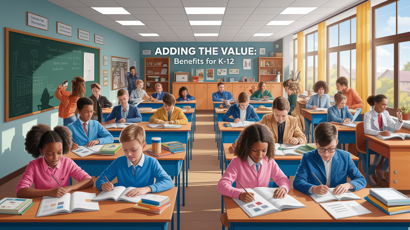 A conceptual illustration representing Adding the Value: Benefits for K-12. Visualize the main ideas: . Creative but clear representation of the concept. Style: photorealistic. high quality, detailed, professional, clean composition, good lighting, sharp focus, well-composed. high quality, professional, detailed, well-composed