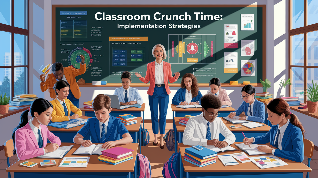 A conceptual illustration representing Classroom Crunch Time: Implementation Strategies. Visualize the main ideas: . Creative but clear representation of the concept. Style: photorealistic. high quality, detailed, professional, clean composition, good lighting, sharp focus, well-composed. high quality, professional, detailed, well-composed