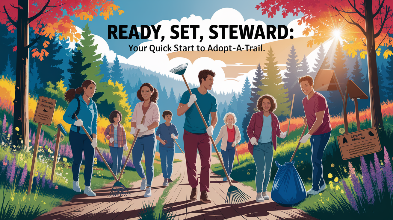 A conceptual illustration representing Ready, Set, Steward: Your Quick Start to Adopt-A-Trail. Visualize the main ideas: . Creative but clear representation of the concept. Style: photorealistic. high quality, detailed, professional, clean composition, good lighting, sharp focus, well-composed. high quality, professional, detailed, well-composed