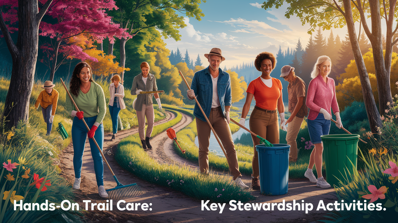 A conceptual illustration representing Hands-On Trail Care: Key Stewardship Activities. Visualize the main ideas: . Creative but clear representation of the concept. Style: photorealistic. high quality, detailed, professional, clean composition, good lighting, sharp focus, well-composed. high quality, professional, detailed, well-composed