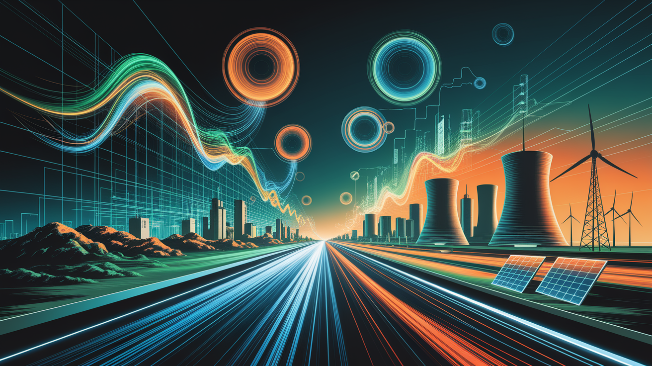 A conceptual illustration representing The Role of Synthetic Inertia in Frequency Regulation. Visualize the main ideas: . Creative but clear representation of the concept. Style: Visual Theme: Clean, modern aesthetic with high contrast and vibrant energy. Emphasize the intersect. high quality, detailed, professional, clean composition, good lighting, sharp focus, well-composed. high quality, professional, detailed, well-composed