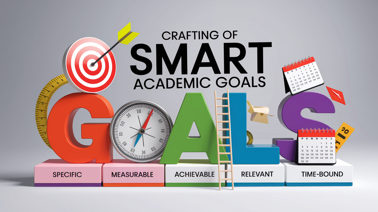 A conceptual illustration representing Crafting SMART Academic Goals. Visualize the main ideas: . Creative but clear representation of the concept. Style: photorealistic. high quality, detailed, professional, clean composition, good lighting, sharp focus, well-composed. high quality, professional, detailed, well-composed
