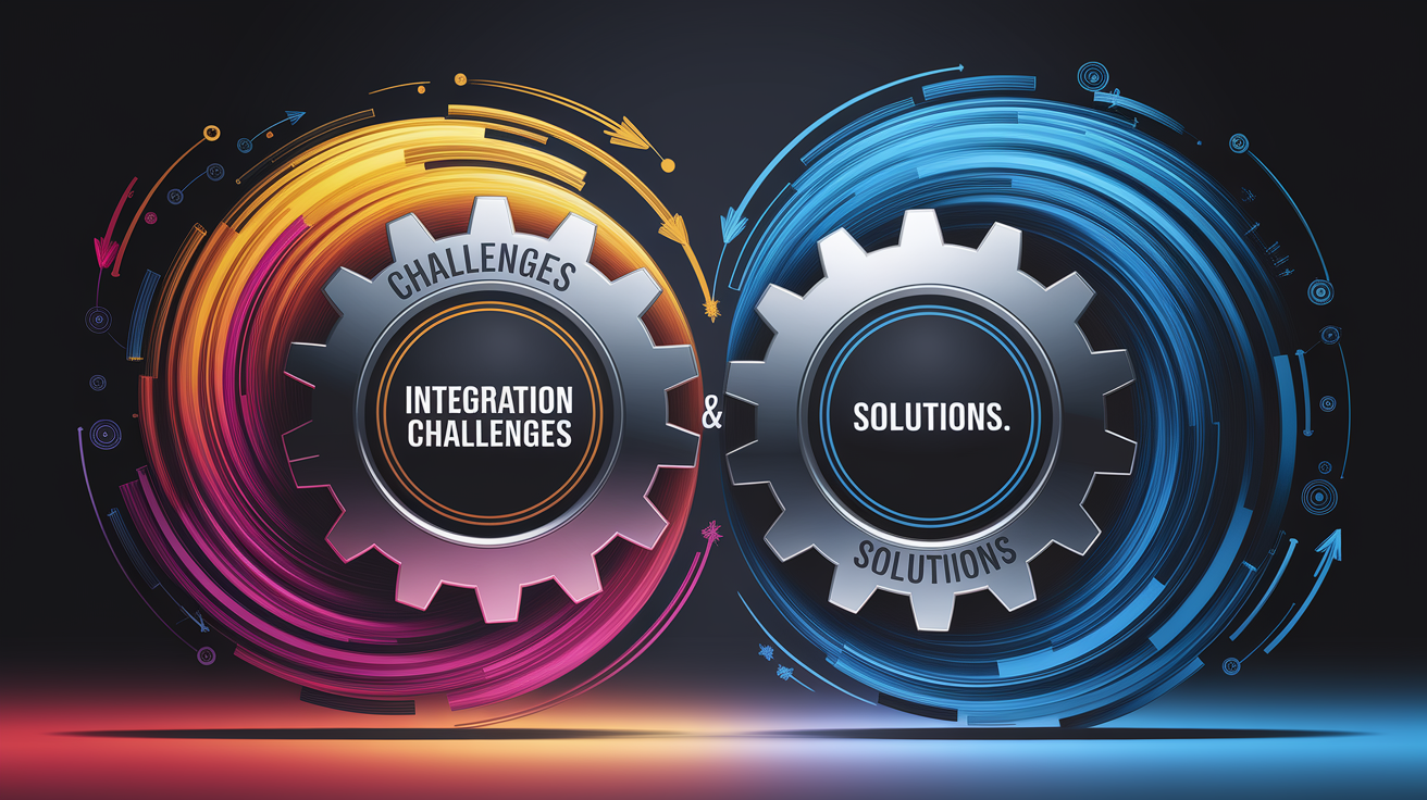 A conceptual illustration representing Integration Challenges and Solutions. Visualize the main ideas: . Creative but clear representation of the concept. Style: Visual Theme: Clean, modern aesthetic with high contrast and vibrant energy. Emphasize the intersect. high quality, detailed, professional, clean composition, good lighting, sharp focus, well-composed. high quality, professional, detailed, well-composed