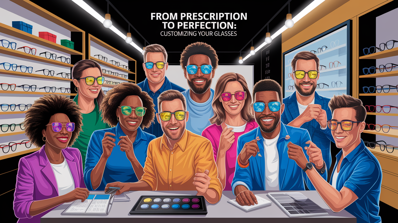 A conceptual illustration representing From Prescription to Perfection: Customizing Your Glasses. Visualize the main ideas: . Creative but clear representation of the concept. Style: photorealistic. high quality, detailed, professional, clean composition, good lighting, sharp focus, well-composed. high quality, professional, detailed, well-composed