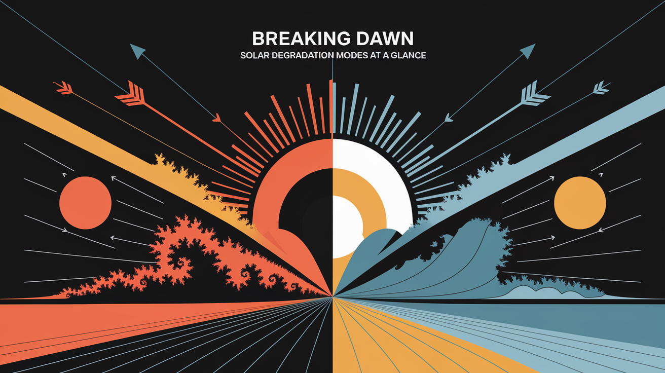 A conceptual illustration representing Breaking Dawn: Solar Degradation Modes at a Glance. Visualize the main ideas: . Creative but clear representation of the concept. Style: Visual Theme: Clean, modern aesthetic with high contrast and vibrant energy. Emphasize the intersect. high quality, detailed, professional, clean composition, good lighting, sharp focus, well-composed. high quality, professional, detailed, well-composed