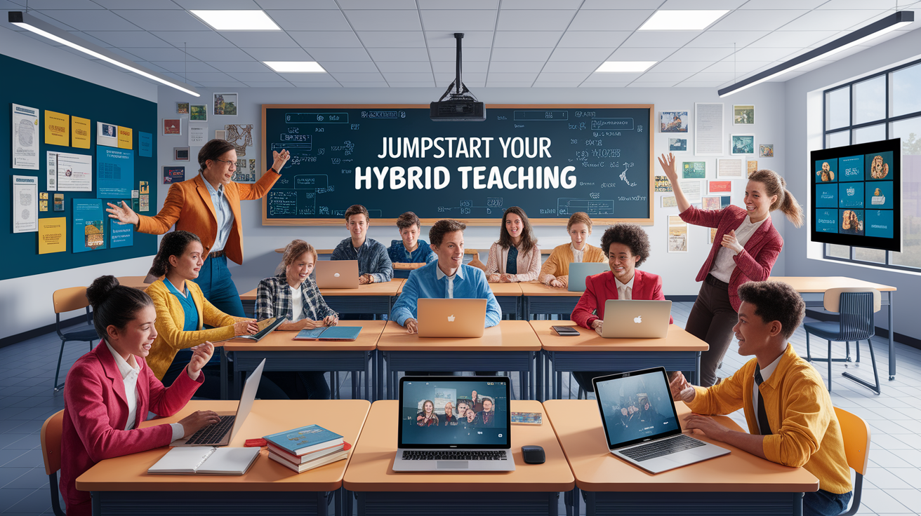 A conceptual illustration representing Jumpstart Your Hybrid Teaching. Visualize the main ideas: . Creative but clear representation of the concept. Style: photorealistic. high quality, detailed, professional, clean composition, good lighting, sharp focus, well-composed. high quality, professional, detailed, well-composed