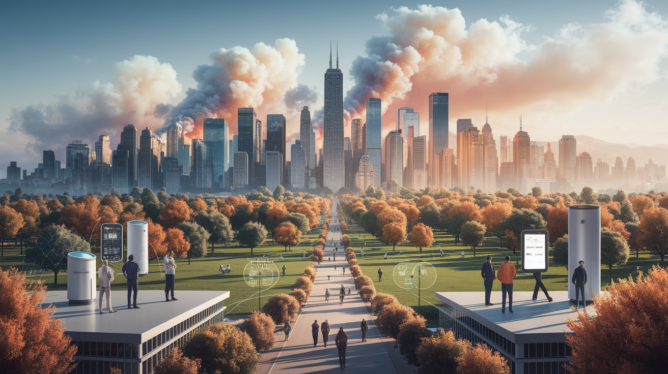 A conceptual illustration representing Tracking the Threat: Monitoring Smoke and Air Quality. Visualize the main ideas: . Creative but clear representation of the concept. Style: photorealistic. high quality, detailed, professional, clean composition, good lighting, sharp focus, well-composed. high quality, professional, detailed, well-composed