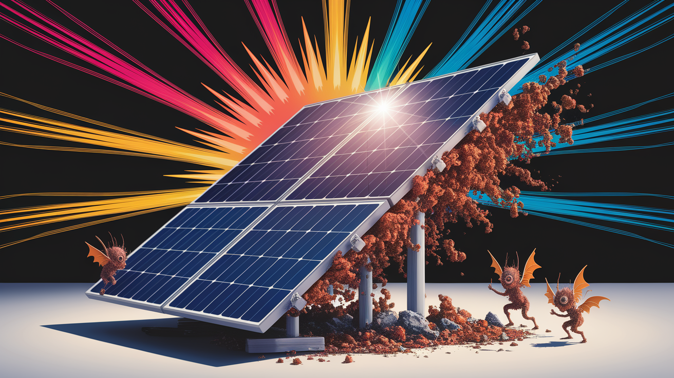 A conceptual illustration representing Corrosion in Solar Panels. Visualize the main ideas: . Creative but clear representation of the concept. Style: Visual Theme: Clean, modern aesthetic with high contrast and vibrant energy. Emphasize the intersect. high quality, detailed, professional, clean composition, good lighting, sharp focus, well-composed. high quality, professional, detailed, well-composed