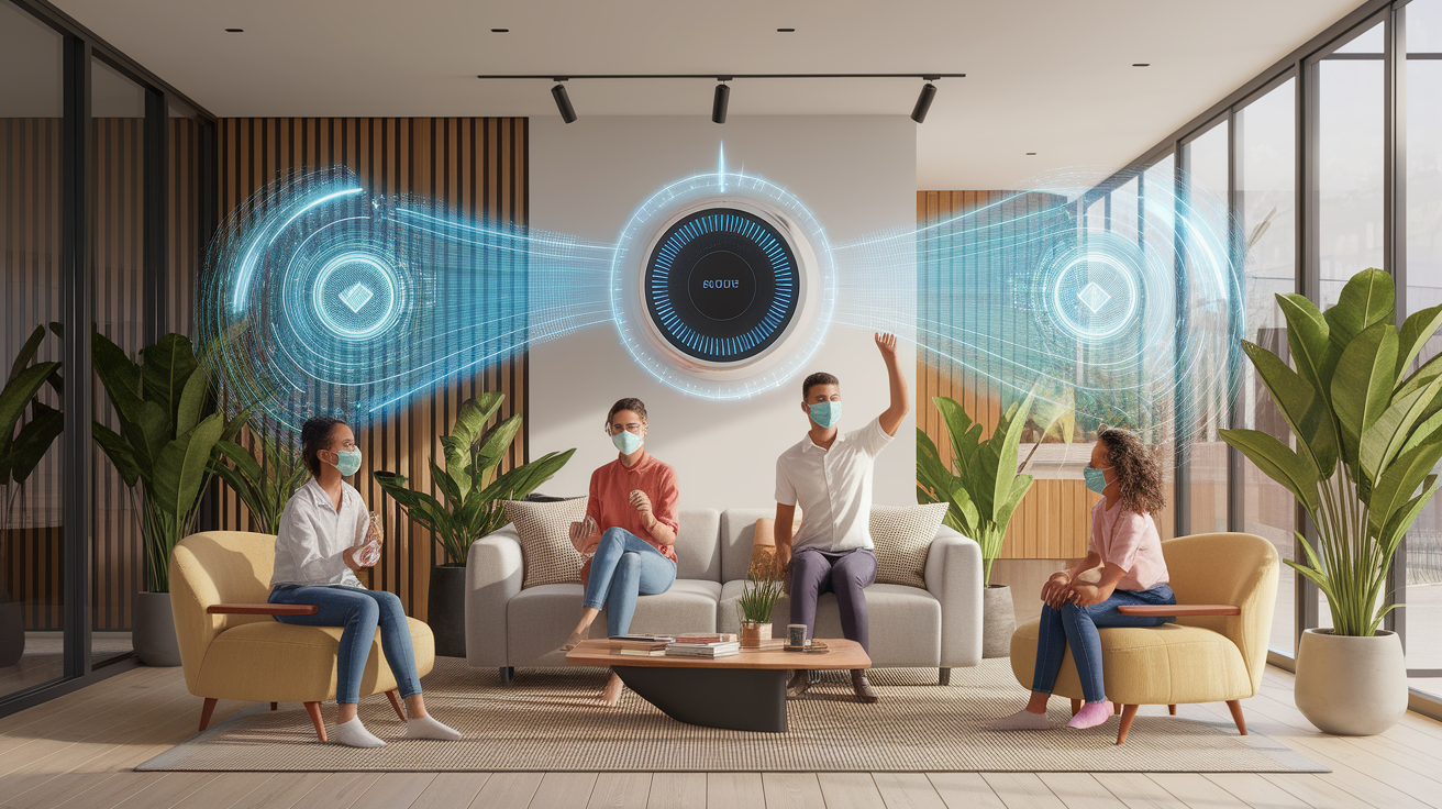 A conceptual illustration representing Safeguarding Your Health: Indoor Air and Personal Protection. Visualize the main ideas: . Creative but clear representation of the concept. Style: photorealistic. high quality, detailed, professional, clean composition, good lighting, sharp focus, well-composed. high quality, professional, detailed, well-composed