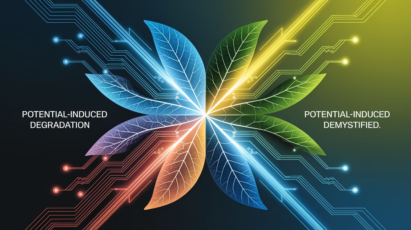 A conceptual illustration representing Potential-Induced Degradation Demystified. Visualize the main ideas: . Creative but clear representation of the concept. Style: Visual Theme: Clean, modern aesthetic with high contrast and vibrant energy. Emphasize the intersect. high quality, detailed, professional, clean composition, good lighting, sharp focus, well-composed. high quality, professional, detailed, well-composed