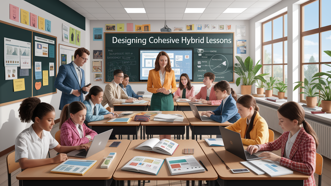 A conceptual illustration representing Designing Cohesive Hybrid Lessons. Visualize the main ideas: . Creative but clear representation of the concept. Style: photorealistic. high quality, detailed, professional, clean composition, good lighting, sharp focus, well-composed. high quality, professional, detailed, well-composed