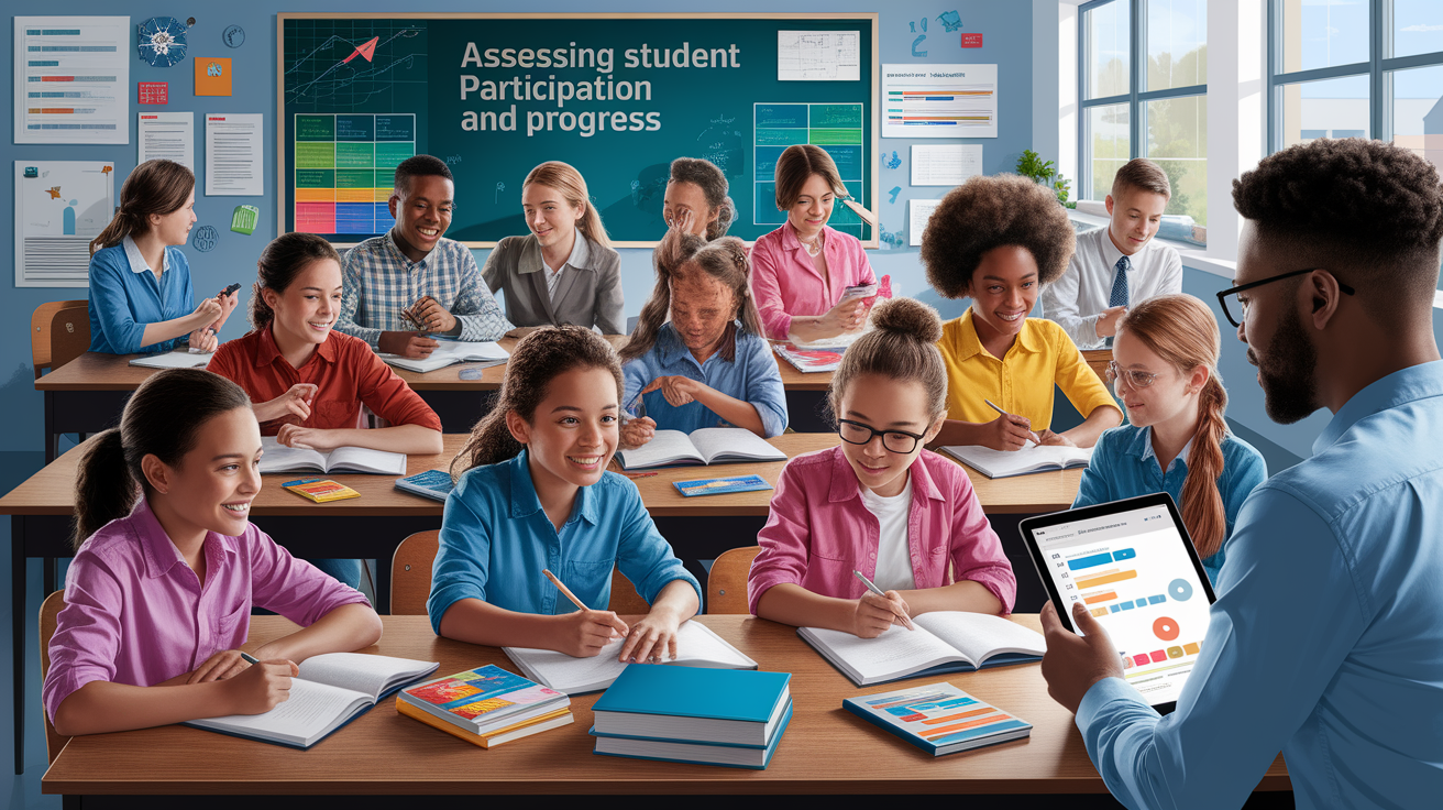 A conceptual illustration representing Assessing Student Participation and Progress. Visualize the main ideas: . Creative but clear representation of the concept. Style: photorealistic. high quality, detailed, professional, clean composition, good lighting, sharp focus, well-composed. high quality, professional, detailed, well-composed