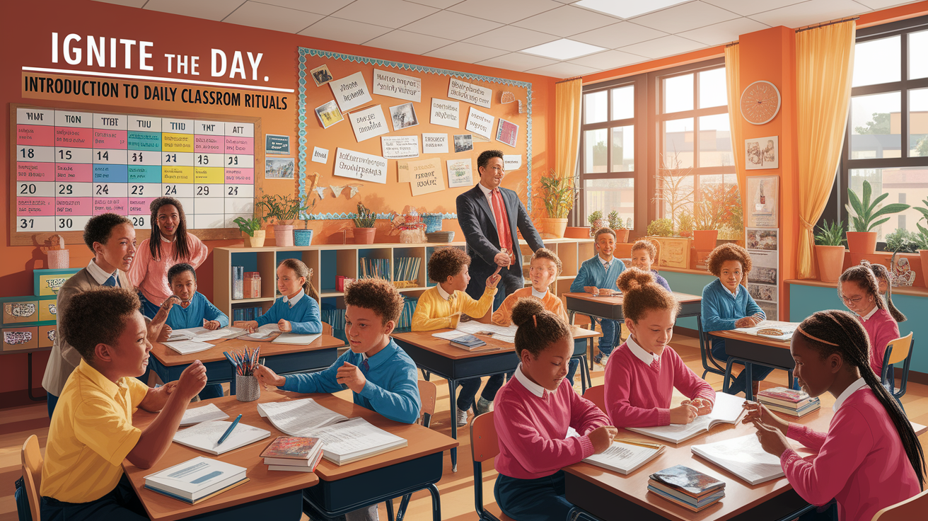 A conceptual illustration representing Ignite the Day: Introduction to Daily Classroom Rituals. Visualize the main ideas: . Creative but clear representation of the concept. Style: photorealistic. high quality, detailed, professional, clean composition, good lighting, sharp focus, well-composed. high quality, professional, detailed, well-composed