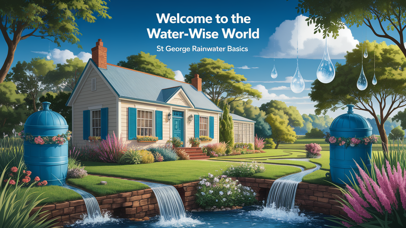 A conceptual illustration representing Welcome to the Water-Wise World: St George Rainwater Basics. Visualize the main ideas: . Creative but clear representation of the concept. Style: photorealistic. high quality, detailed, professional, clean composition, good lighting, sharp focus, well-composed. high quality, professional, detailed, well-composed