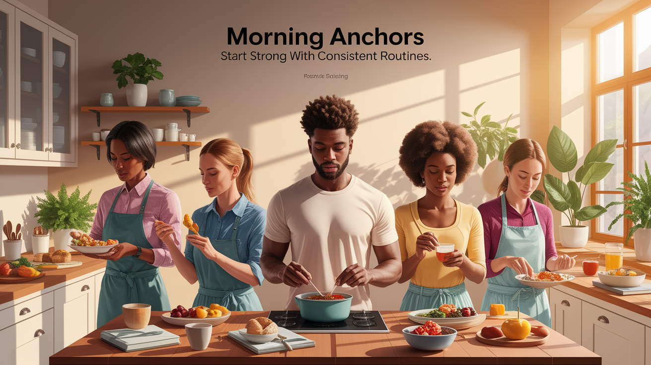 A conceptual illustration representing Morning Anchors: Start Strong with Consistent Routines. Visualize the main ideas: . Creative but clear representation of the concept. Style: photorealistic. high quality, detailed, professional, clean composition, good lighting, sharp focus, well-composed. high quality, professional, detailed, well-composed